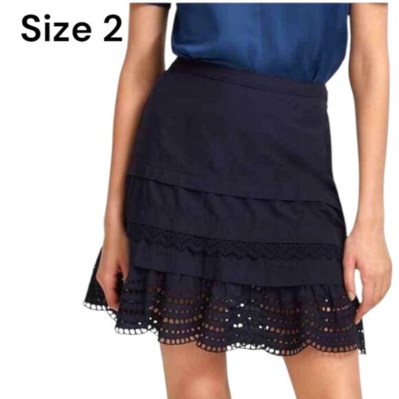 Size 2 Club Monaco Navy Blue Cotton Layered Eyelet Lace A-line Skirt - Picture 1 of 6
